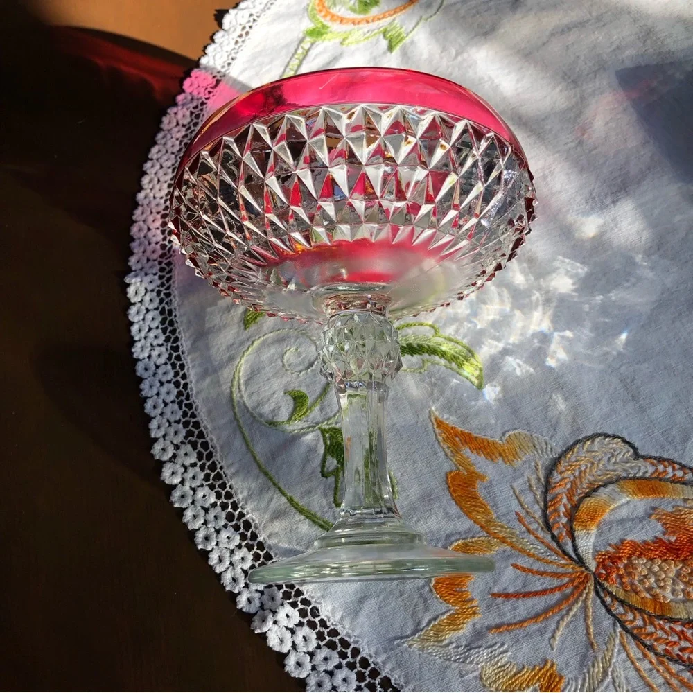 Vintage Indiana Glass Diamond Cut Pedestal Compote Dish. Ruby Flashing. 7.5